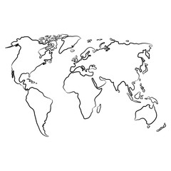 World map from the contour black brush lines different thickness on white background. Vector illustration.