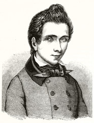 Ancient grayscale engraved portrait of a guy with strange hairstyle. Evariste Galois (1811 - 1832) French mathematician. By unidentified author publ. on Magasin Pittoresque Paris 1848