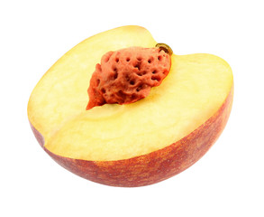 Peach half cut with bone one isolated on white background with clipping path.