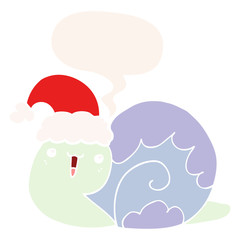 cute cartoon christmas snail and speech bubble in retro style