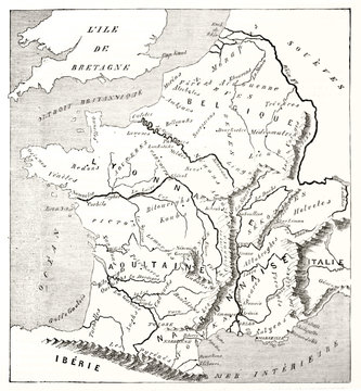 Gaule, today's France, old map such as Strabo could have designed. Blank and white illustration by MacCarthy publ. on Magasin Pittoresque Paris 1848