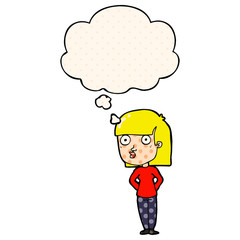 cartoon woman staring and thought bubble in comic book style