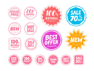 Sale, labels set. Speech bubbles or chat symbols. Colored elements. Vector illustration