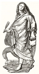 Reproduction of bas-relief depicting John the Evangelist (Alencon museum). Holy man holding a feather pen, displayed full body over a eagle. After Pilon publ. on Magasin Pittoresque Paris 1848 John