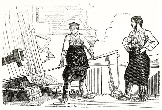 Two men using machines in an ancient foundery. Ancient grayscale etching style illustration by unidentified author publ. on Magasin Pittoresque Paris 1848 Iron production quater