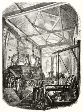 Overall view of an ancient warm high foundry and workers in it. By unidentified author publ. on Magasin Pittoresque Paris 1848