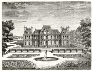 Center front view view of the Chateau de Maisons France and the suroounding wonderful garden. Ancient etching style graytone illustration by Desmarest and Brugnot, Magasin Pittoresque Paris 1848