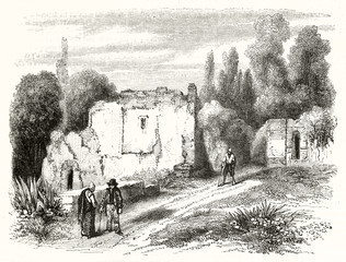 Ancient ruins in Marly country surroundings France. Etching style grayscale illustration with textures made by hatching. By unidentified author publ. on Magasin Pittoresque Paris 1848