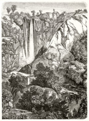 Majestic landscape with nature and mountains with waterfalls. Cascata delle Marmore (Marmore's falls) Italy. Etching style illustration by unidentified author publ. on Magasin Pittoresque Paris 1848