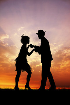 illustration of couple dances charleston at sunset