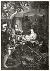 Nativity of Jesus depicted with ancient etching style rich of hatching to give the feel of dark shadows and little light from the holy child. After Correggio publ. on Magasin Pittoresque Paris 1848