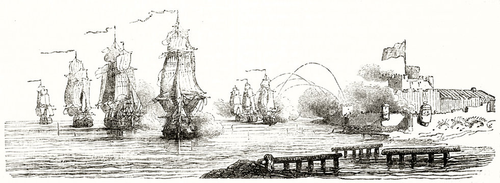 Group of warships bombing a fort on the seashore. Old grayscale etching style illustration depicting naval tactic (bombing). By unidentified author publ. on Magasin Pittoresque Paris 1848 
