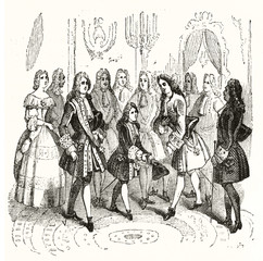Group of XVII century noble men in a elegant hall. Louis XV of France welcomes Peter the Great of Russia aged seven years. After 1718 print publ. on Magasin Pittoresque Paris 1848