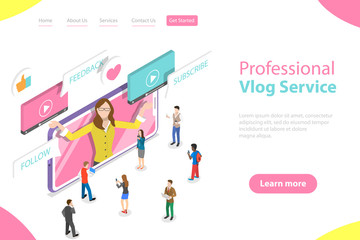 Flat isometric vector landing page template of vlog, video blog, online channel, creating quality content.
