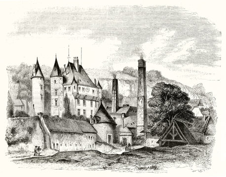 Ancient little gothic castle with his pointed towers in a little medieval village surrounded by the nature. Old view of Poce-sur-Cisse France. By Brisot publ. on Magasin Pittoresque Paris 1848