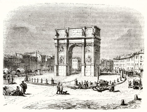 Big arch monument in the center of an ancient city square and his life. Old etching style illustration of Porte d'Aix Marseille France. By unidentified author publ. on Magasin Pittoresque Paris 1848