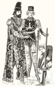Ancient prince with his valet and his esquire setting up his armor. Old etching style illustration with isolated elements. After 15th century upholstery publ. on Magasin Pittoresque Paris 1848
