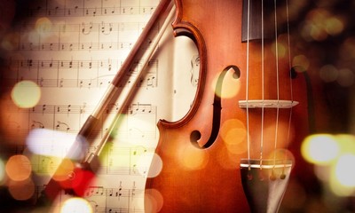 Photo Of Classic Violin with musical notes and abstract light