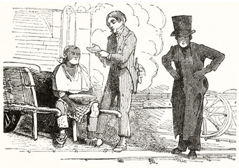 Ancient barber shaving his customer outdoors. People displayed full body in a rough black and white etching style By unidentified author publ. on Magasin Pittoresque Paris 1848