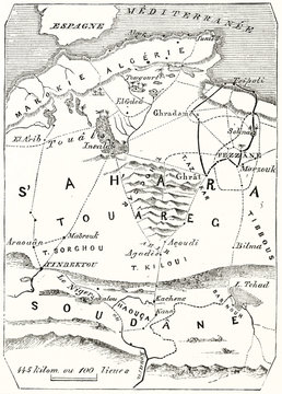 Old map vertical oriented of central Sahara (with J.M..Richardson itinerary). Vintage style grayscale illustration by MacCarthy publ. on Magasin Pittoresque Paris 1848