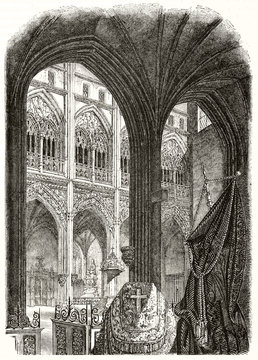 Detail of the view in an ancient gothic church with his pointed arches. Old engraving style illustration of Saint-Ouen church interior Pont-Audemer France. Magasin Pittoresque Paris 1848 