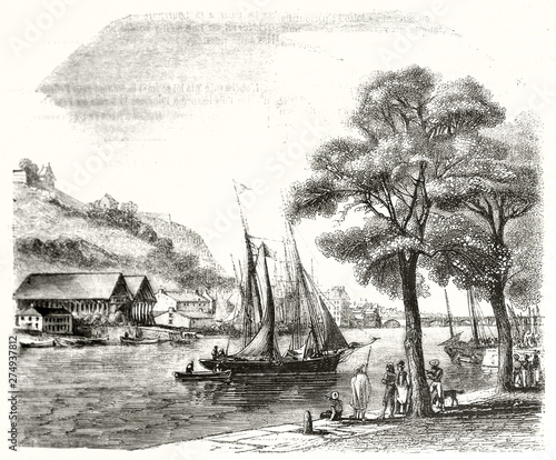 Vintage Etching Style Landscape Focused On A Old Sailboat Docked On A  Peaceful Port Inside A Gulf Saint Esprit Area Bayonne France By Morel Fatio  Publ On Magasin Pittoresque Paris 1848 Wall