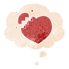 cartoon broken heart and thought bubble in retro textured style