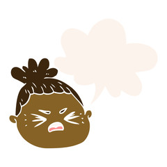 cartoon female face and speech bubble in retro style
