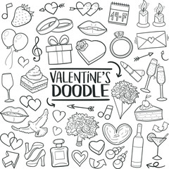 Valentine's Day Romantic Doodle Icons Sketch Hand Made Design Vector 
