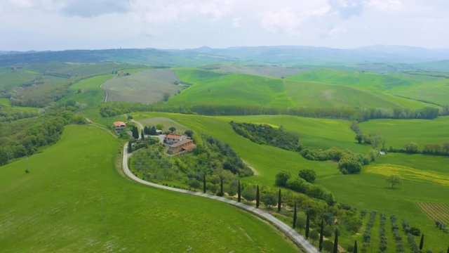 Aerial view of the Tuscany landscape in The Val d'Orcia, or Valdorcia, is a region of Tuscany, central Italy, which extends from the hills south of Siena to Monte Amiata