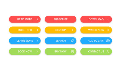 Obraz premium Big collection buttons Read More, learn more, download, subscribe, buy now, sign up, search, conatact us. Different colorful button set. Web icons. Vector illustration.