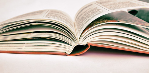 Open book on a light background.