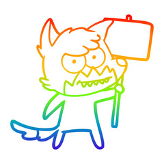 rainbow gradient line drawing cartoon grinning fox with protest sign