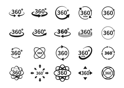 360 Degree Views Of Vector Circle Icons Set Isolated From The Background. Signs With Arrows To Indicate The Rotation Or Panoramas To 360 Degrees. Vector Illustration.