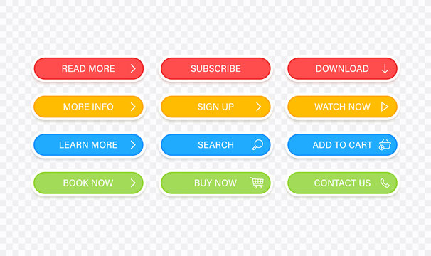 Big Collection Buttons Read More, Learn More, Download, Subscribe, Buy Now, Sign Up, Search, Conatact Us. Different Colorful Button Set. Web Icons. Vector Illustration.