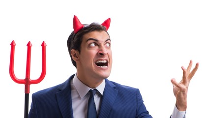 Evil devil businessman with pitchfork isolated on white backgrou
