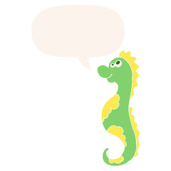 cartoon sea horse and speech bubble in retro style