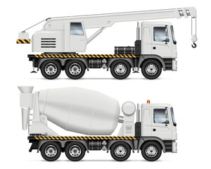 Crane and mixer trucks with view from side isolated on white background. Construction vehicles set vector mockup, easy editing and recolor.