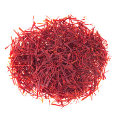 heap of saffron isolated on white background. top view