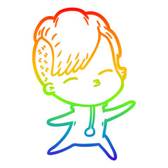 rainbow gradient line drawing cartoon squinting girl
