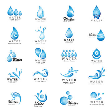 Water Splash Vector And Drop Icons Set - Isolated On White Background. Vector Illustration Collection Of Flat Water Splash And Drop Icons For Website, Label, Sticker, Logo Template And Bubble Design