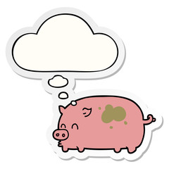 cute cartoon pig and thought bubble as a printed sticker