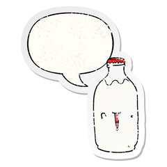 cute cartoon milk bottle and speech bubble distressed sticker