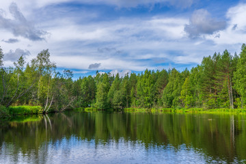 Fototapeta na wymiar Picturesque summer landscape with northern river and forest in summer cloudy day. Travelling and discovering distant places of Earth. View from floating boat. Chernaya river, Karelia, Russia