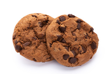 Chocolate chip cookies isolated on white background. Sweet biscuits. Homemade pastry.