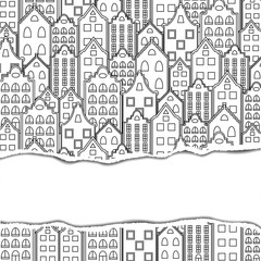 Greeting card template with torn paper edges. Stylized european houses/