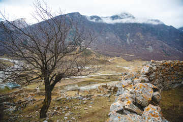 Stone ruins in the highlands. Autumn landscape in the mountains.