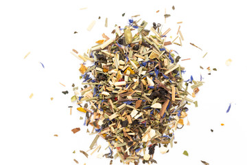 Herbal tea on a white background. Top view.