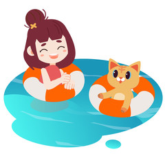 Fototapeta premium a Happy girl and cute cat . They are swimming in the water. they use life ring to swimming. Swimming in the pool. character cartoon of a cat and a girl in flat vector style