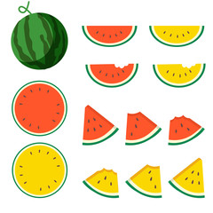 a set of part a watermelon pack. have full and slice of watermelon and watermelon that is bitten. and have a red color and yellow color.watermalon in cute flat vector style